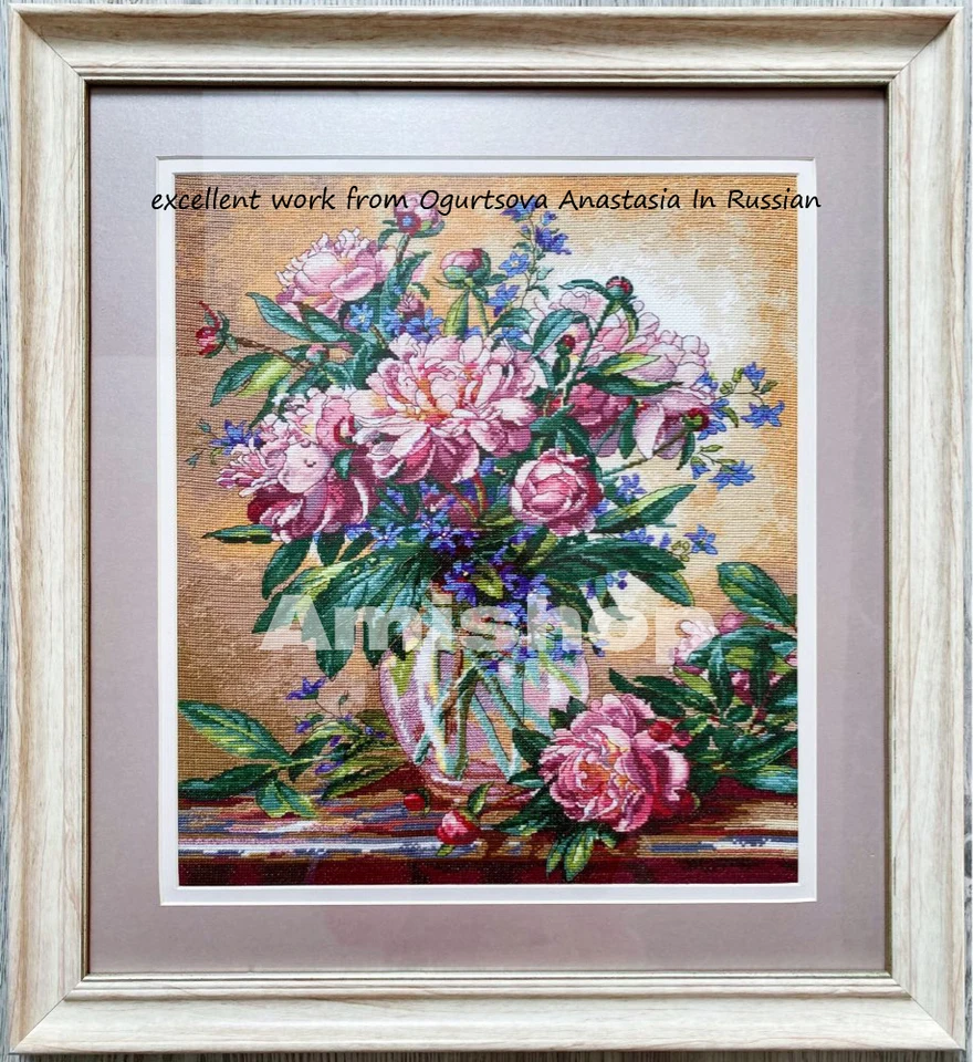 Amishop-素敵なカウントされたクロスステッチキット、花瓶の牡丹の花