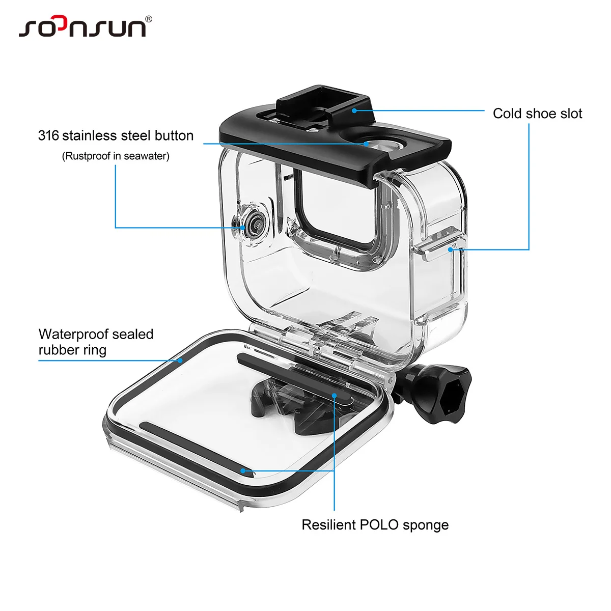 SOONSUN 60M Waterproof Housing Case for GoPro Hero 8 Black 2-Cold Shoe Slots Protective Underwater Diving Go Pro 8 Housing Shell 5