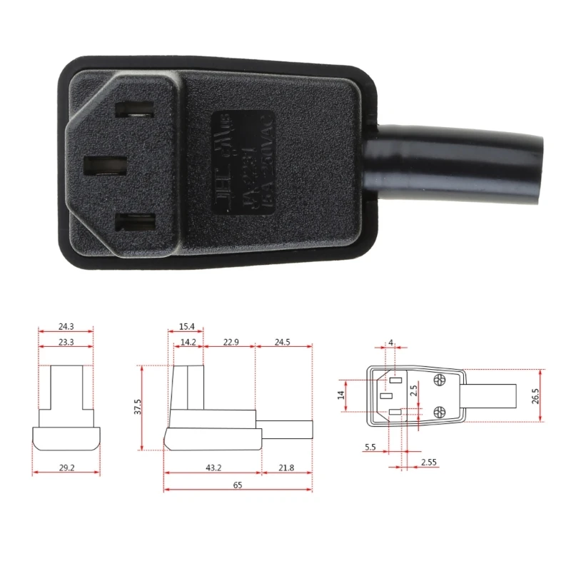 1 Pc 90 Degree Angled IEC 320 C13 outlet socket AC 10A 250V Power Cord Cable Connector Female Plug extender