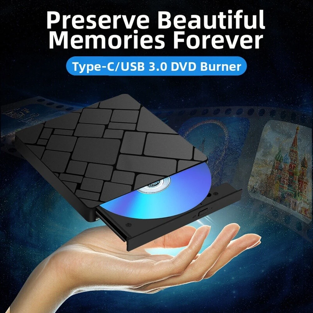 휴대용 DVD 버너 USB-C 및 USB 3.0 외부 고속 재생 외부 광학 드라이브 노트북 PC용 DVD/CD 버너