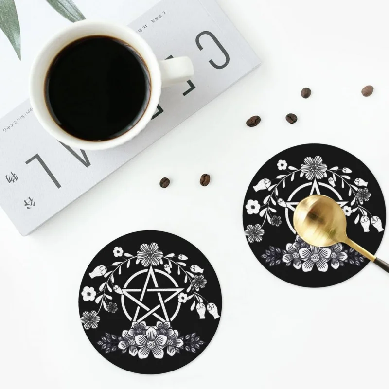 

Witchy Floral Pentagram In Grayscale Colors Coasters Leather Placemats Insulation Coffee Mats Home Kitchen Dining Pads Set of 4