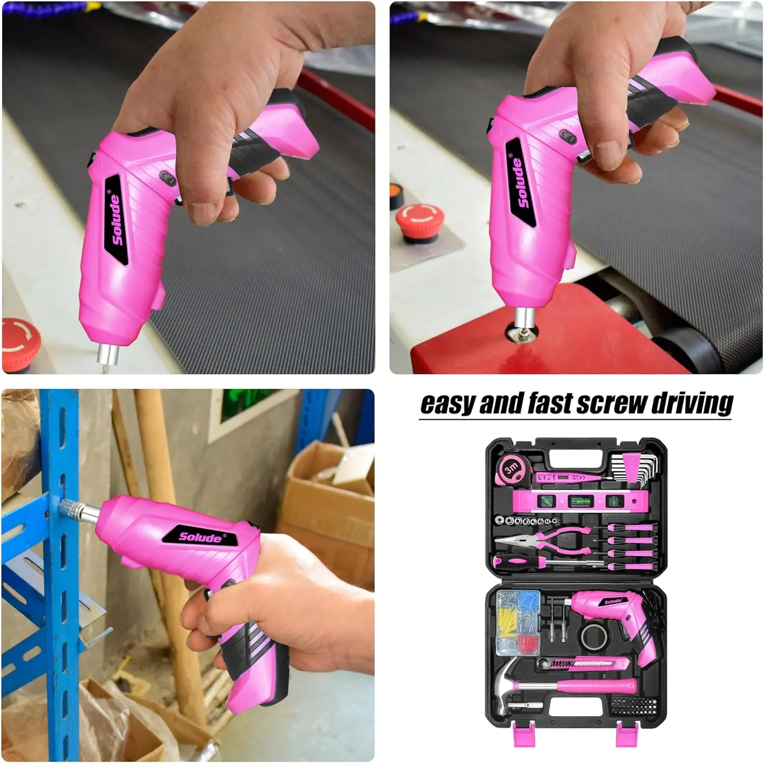 SOLUDE Pink Tool Set,130 Piece Women's Tool Kit for Home with 3.6V Cordless Rechargeable Screwdriver,Household Basic Toolkits 5