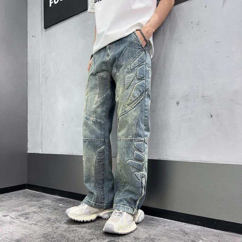 Fashion High-End Jeans Men's Printed Loose Straight Pattern Trend Casual Cool Street Zipper Wide Leg Retro Trousers