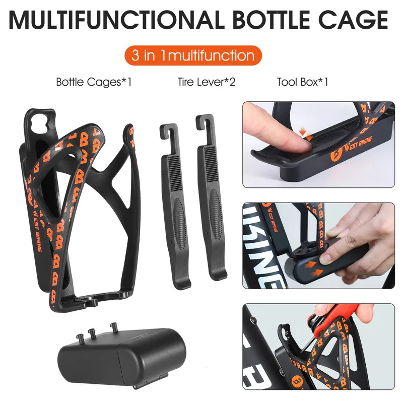 WEST BIKING Bike Water Bottle Cage 3 In 1 Stable Bicycle Bottle Holder Tire Lever Tool Box Cycling Bottle Cage Bike Accessories