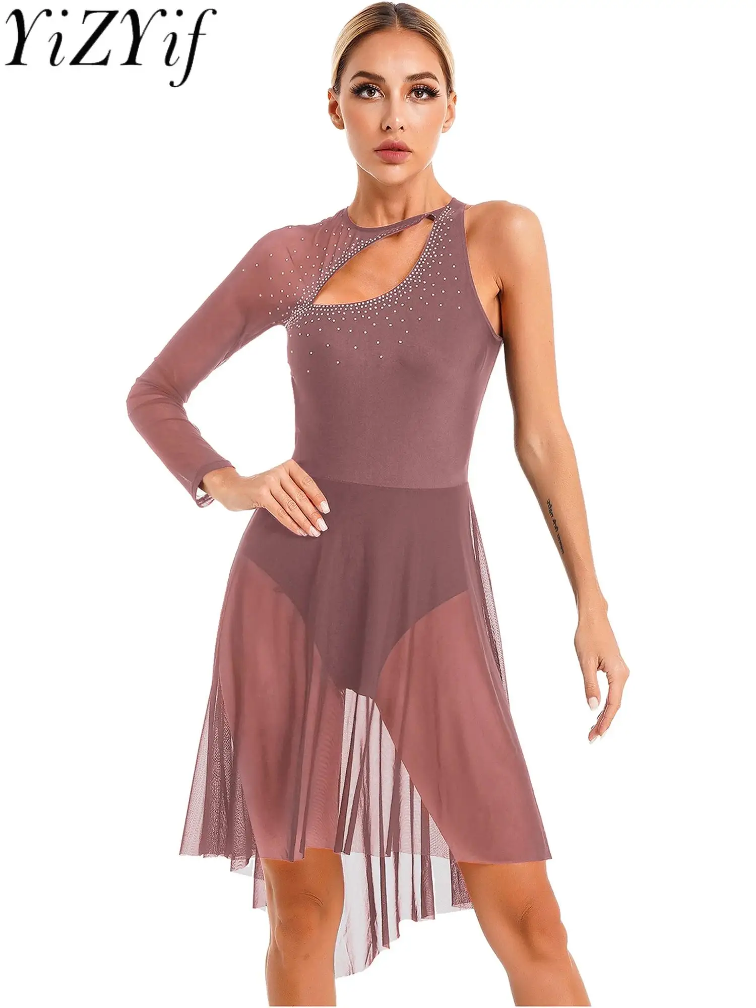 

Figure Skating Dress Womens Long Sleeve Lyrical Dance Dress Stage Dancewear Sheer Mesh Gymnastics Leotard Ballroom Costume