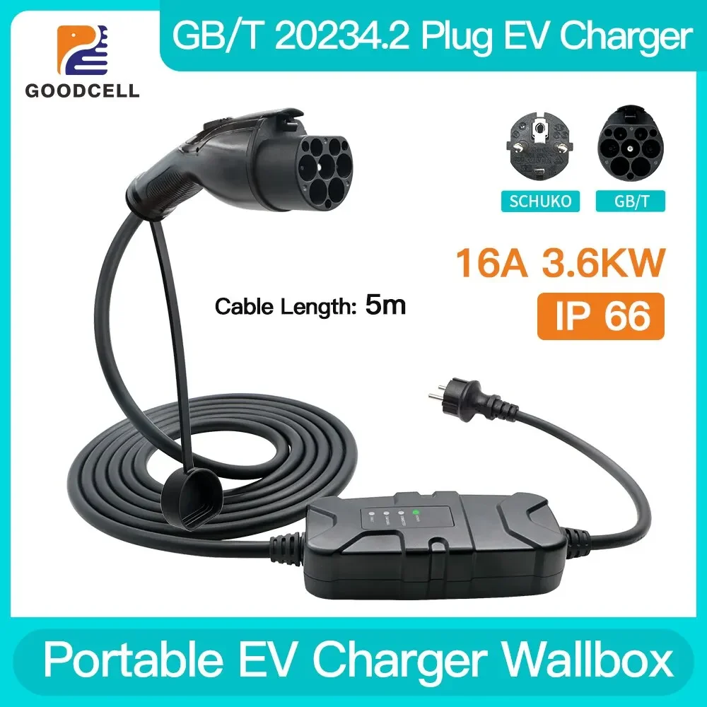 Caricabatterie Ev Portatile Standard Gbt 16A 3.6Kw Wallbox Ricarica Per Veicoli Elettrici Phev Cars Livello 2 220-250V Con Cavo 5M