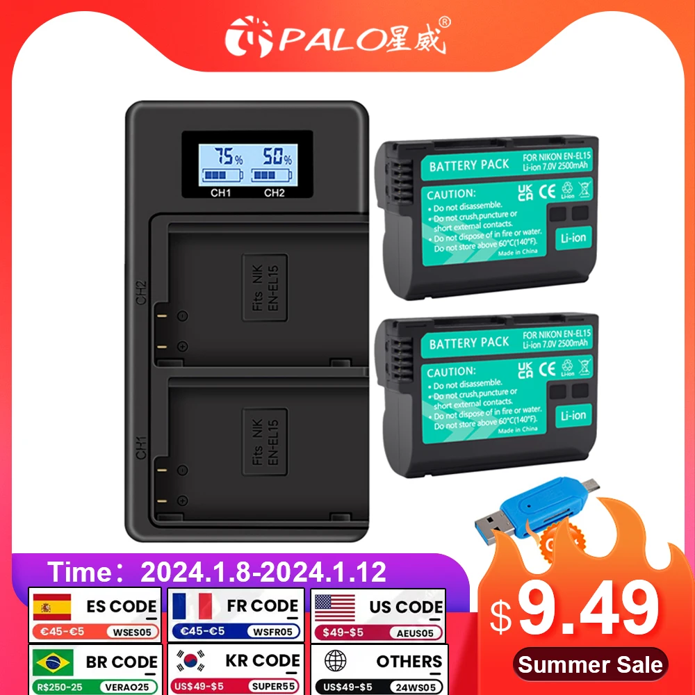 2500Mah En-El15C El15C En El15 Batteria + Caricatore Doppio Lcd Per Fotocamera Nikon Z5, Z6, Z6 Ii, Z7, Z7Ii D780, D850, D7500, D500, D600