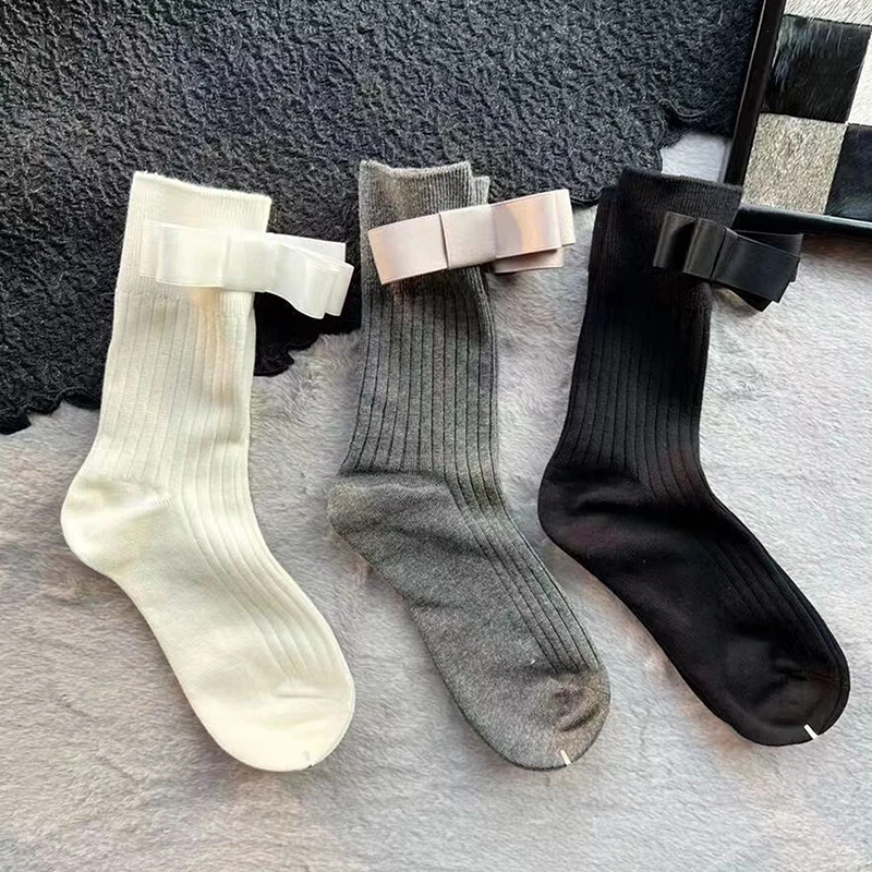 

Woman Stockings With Bow Tie Cute Japanese Style Solid Color Lolita Knee High Socks Fashion Kawaii Cosplay Sexy Gray Stockings