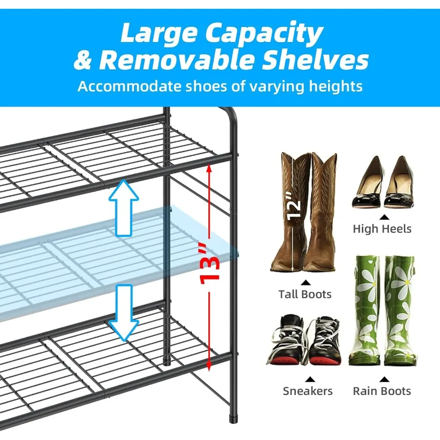 3 Tier Shoe Rack for Closet 46.5 Inch Extra Long Shoe Storage Organizer for Shelves Heavy Duty Metal Easy Assembly Black