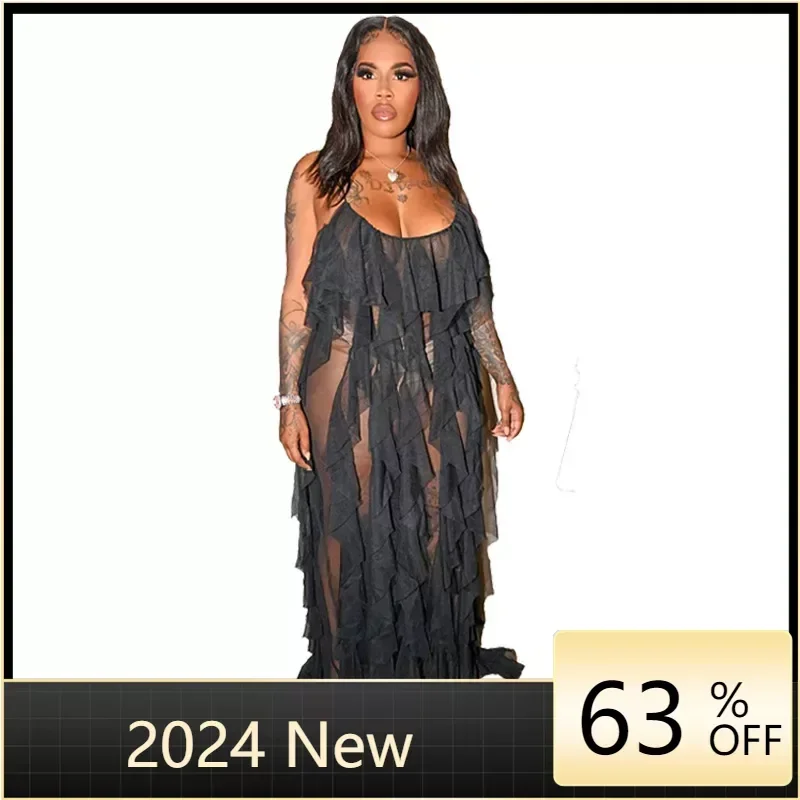 

Women Sexy Solid Ruffles Dress Summer Loose Maxi Dress V-neck Backless Party Dresses Vestidos