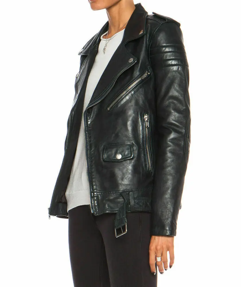 Women's Slim Fit Black Cafe Racer Genuine Lambskin Motorcycle Biker Jacket