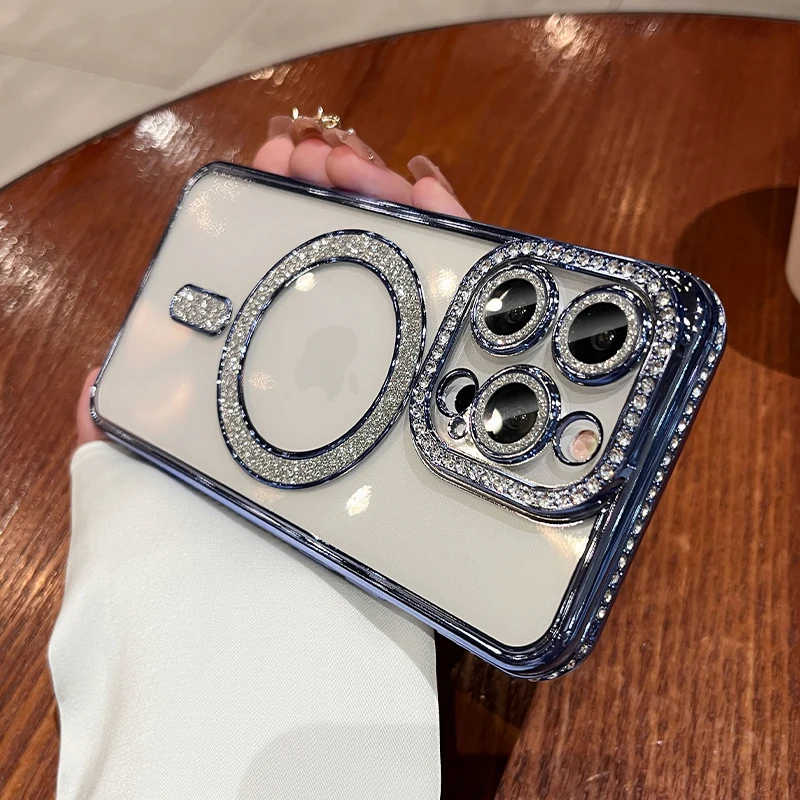 Luxury Glitter Wireless Charging Magsafe Case For iPhone 11 12 13 14 15 Pro Max Plus Transparent Magnetic Bumper Diamond Cover