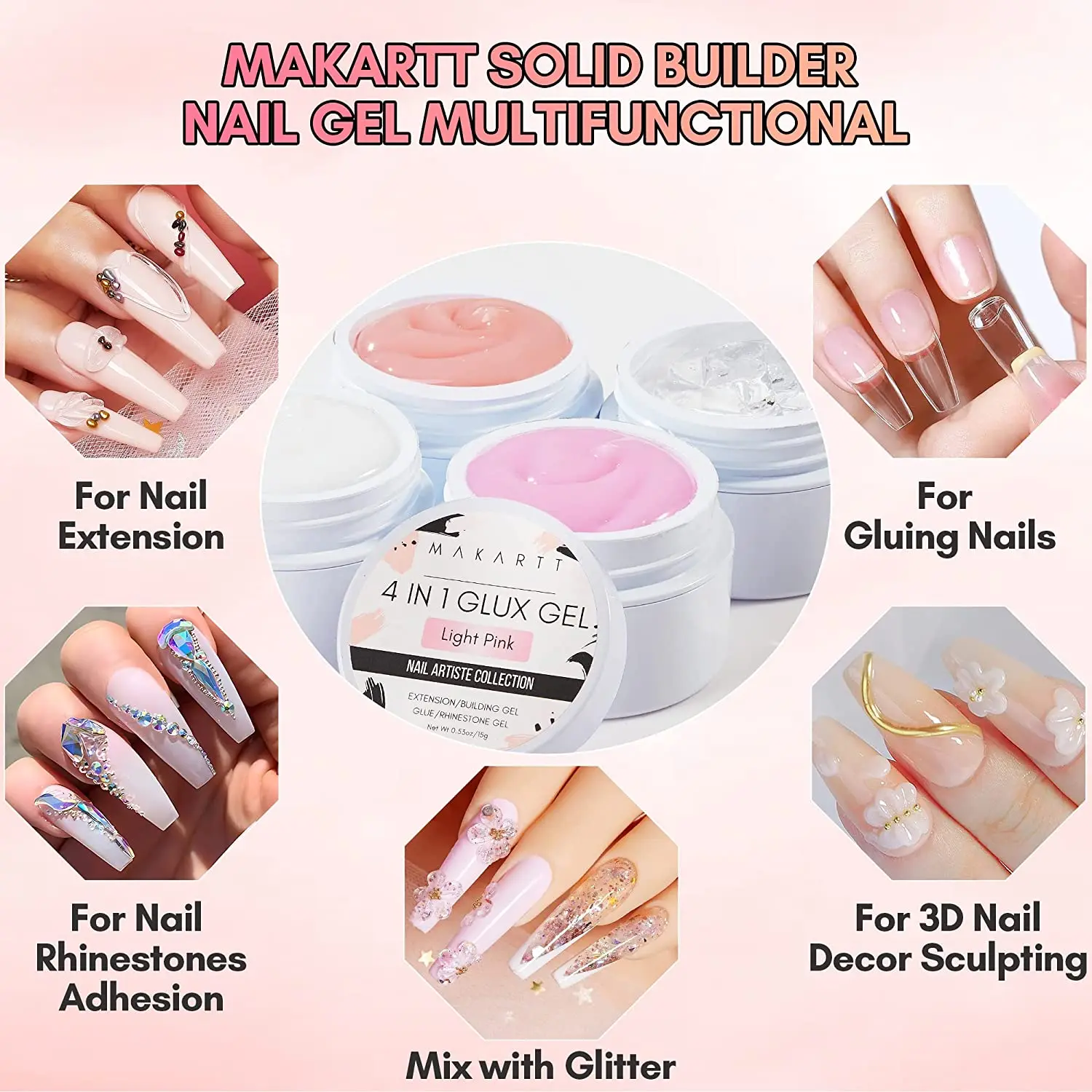 Makartt Solid Builder Nail Gel,15ML 4 in 1 Nail Extension Gel UV Nail Glue  for Acrylic Nails Soft Gel Nails Rhinestones Gel 3D