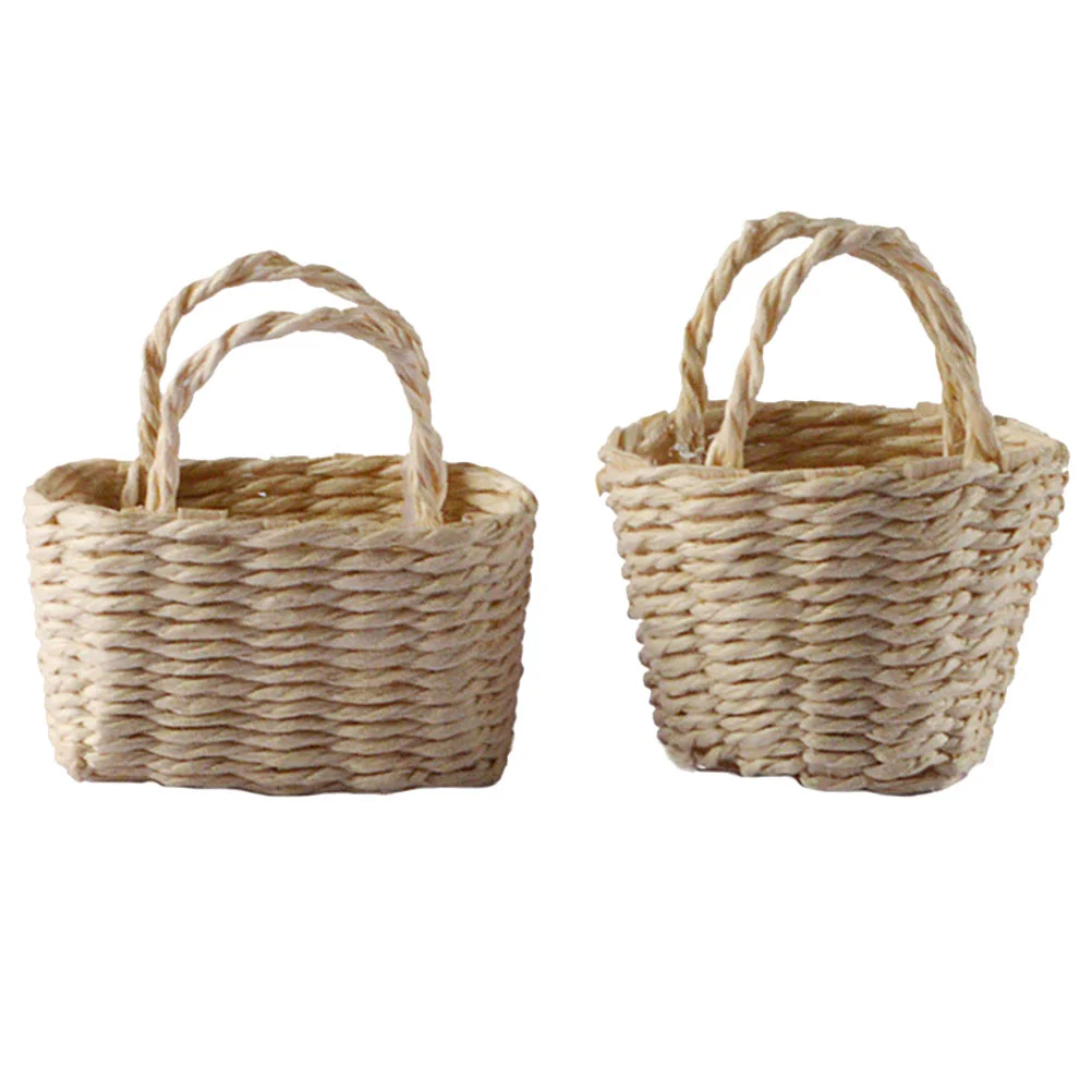 2 Pcs House Flower Basket Woven Storage Baskets Toy Simulation Mini Portable happy yami basket set straw basket hand woven storage baskets handles wicker baskets organizing