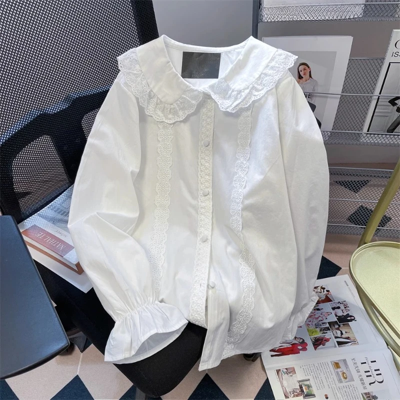EBAIHUI Women Shirt French Unique Long Sleeve Ladies Blouse Autumn Gentle White Lace Splice Blusas Peter Pan Collar Neck Top