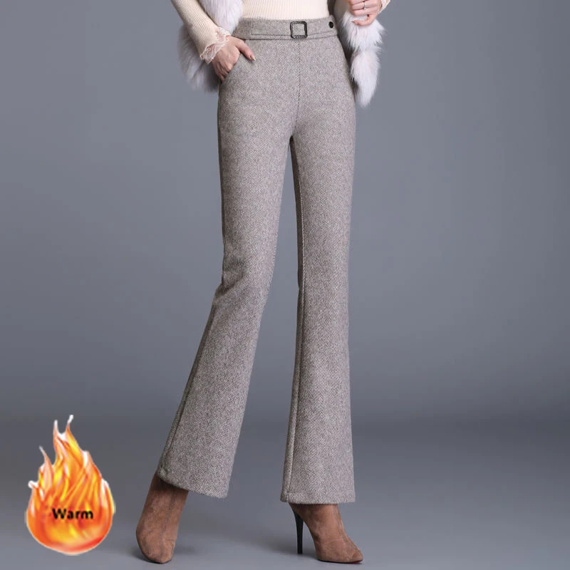 Autumn Winter Fleece Lined Flare Pant Women Korean High Waist  Woolden Blend Casual Trousers Big Size Plus Velvet Mom Pantalones