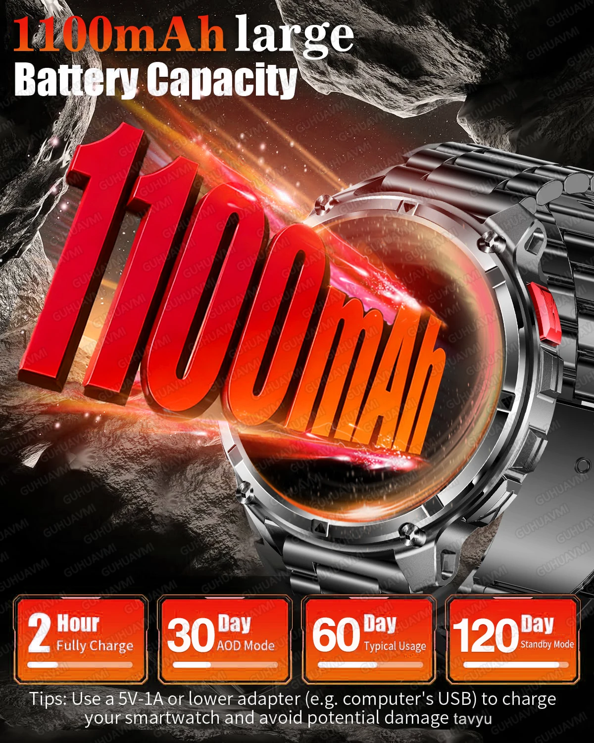 Men New 1100mAh Battery Watch Swim Waterproof Smartwatch US Certification Military Rugged Clock GPS Compass Sport Smart Watches