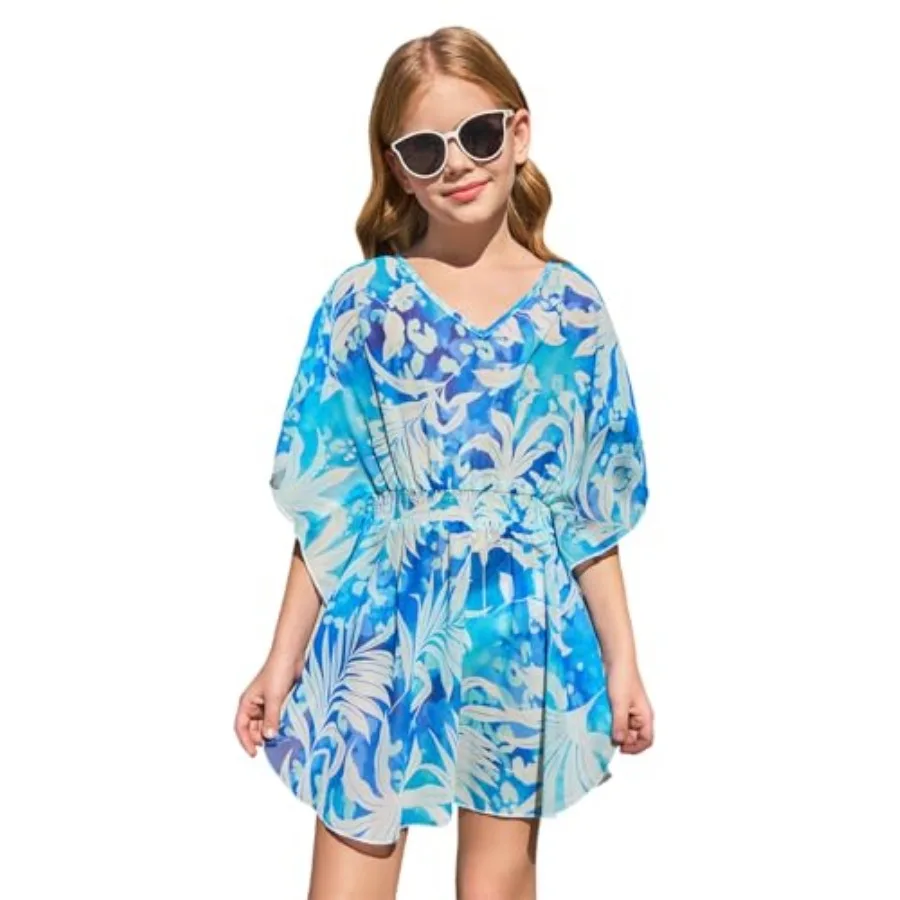 Haloumoning Girls Chiffon Swim Beach Cover Up Cute Elastic Waist Printed Bathing Suit Coverups 5-14 Years 1