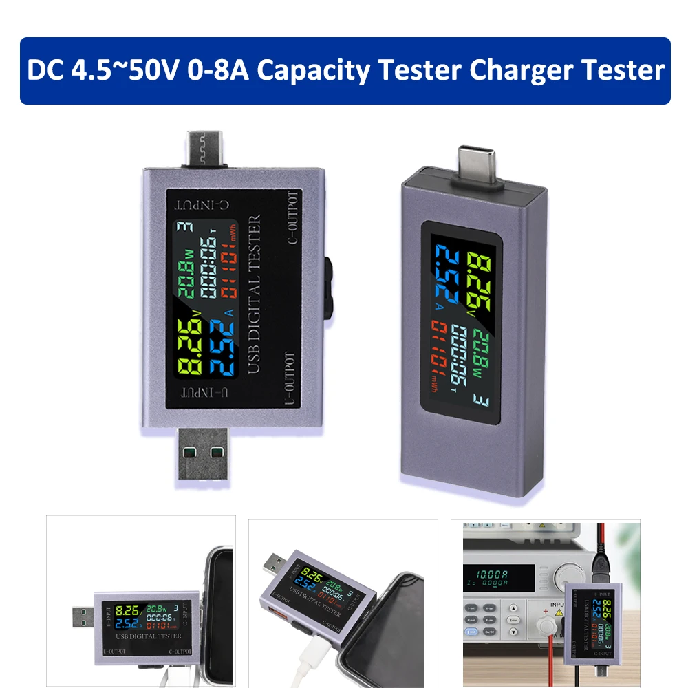 DC 4.550V 0-8A USB Type-C 전압계 디지털 전압 전류 전력계 용량 테스터 충전기 테스터 다기능 테스터
