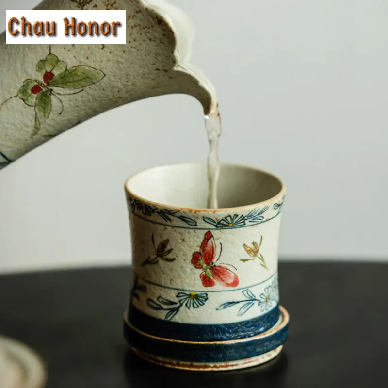 80ml Blue And White Flint Red Rotating Cup Handmade Gold Drawing Butterfly Orchid Master Cup Personal Coffee Mug Beautiful Cups