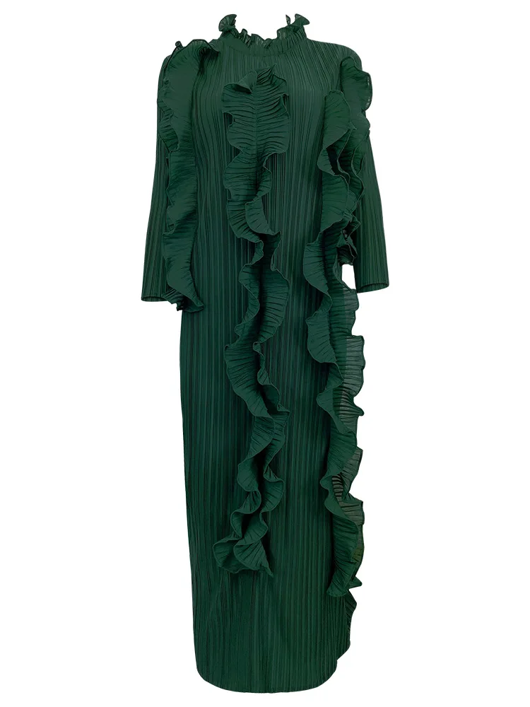 

Free Shipping MIYAKE Style new style women clothing with light luxury design sense solid color pleated long sleeved dress [6207]