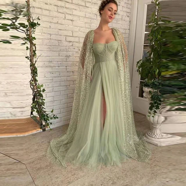 Chic Light Sage Green Tulle Evening Dresses WithSequins Chawl Sweetheart  Neck Backless Formal gowns robe de soirée femme| | - AliExpress