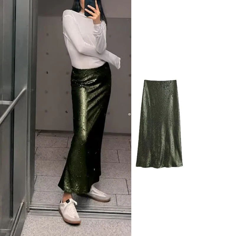 

TRAF Sequined Long Skirts For Women Fashion 2023 High Waist Skirt Woman Autumn Winter Midi Skirts Elegant Social Women's Skirts