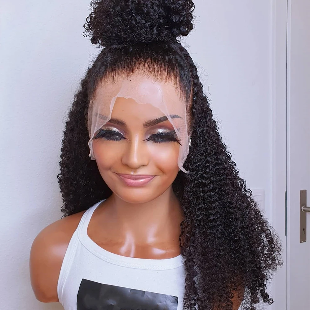 

26 inch kinky curly women's lace front wig natural hairline baby 180% density hair without glue