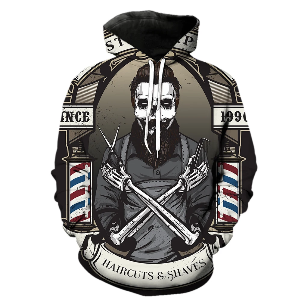 

Cartoon Personality Barber Men's Hoodies With Hood Jackets 3D Print Spring Teens Oversized Cool Streetwear Pullover Unisex Tops
