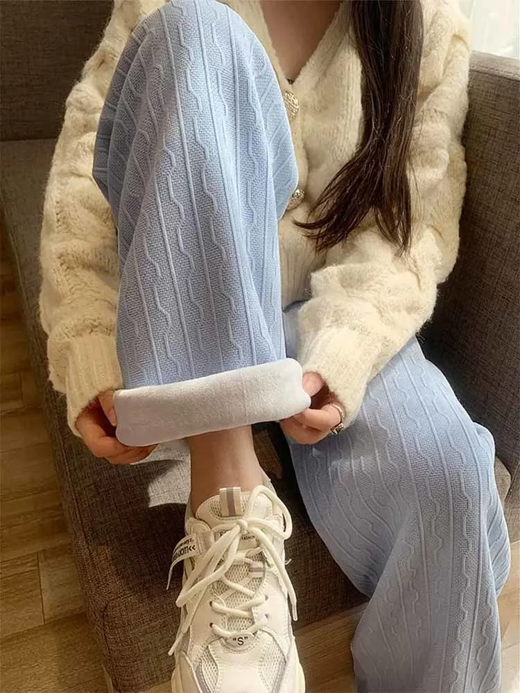 

2022 Women Winter Loose Corduroy Long Wide Leg Pants Fleece Trousers Pockets Elastic High Waist Thick warm pants