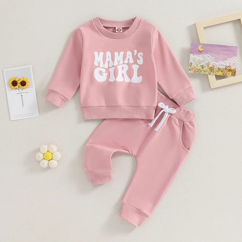 Baby Girls 2-piece Outfit, Letters Print Long Sleeve Crew Neck Sweatshirt with Elastic Waist Sweatpants Fall Clothes infant baby girls boys rompers pumpkin print halloween sweatshirts clothes long sleeve jumpsuits pullover fall bodysuits outfit