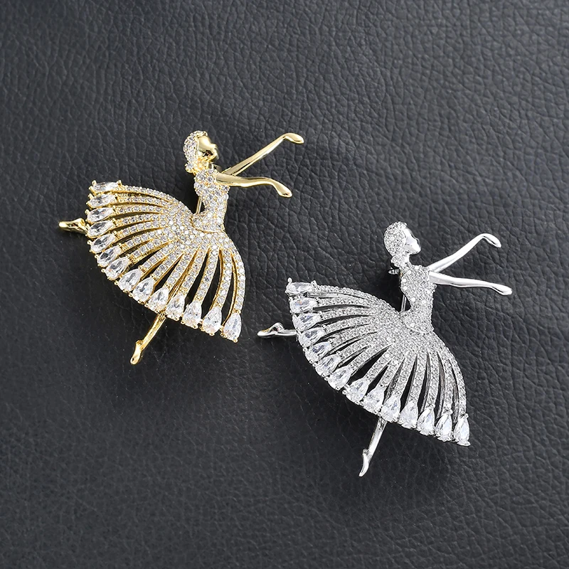 

Novelty Cute Dazzling Ms Dancing Wedding Dress Brooches Gold Silver Copper Brass Pins With Full Zircon Gift For Lady Dancers