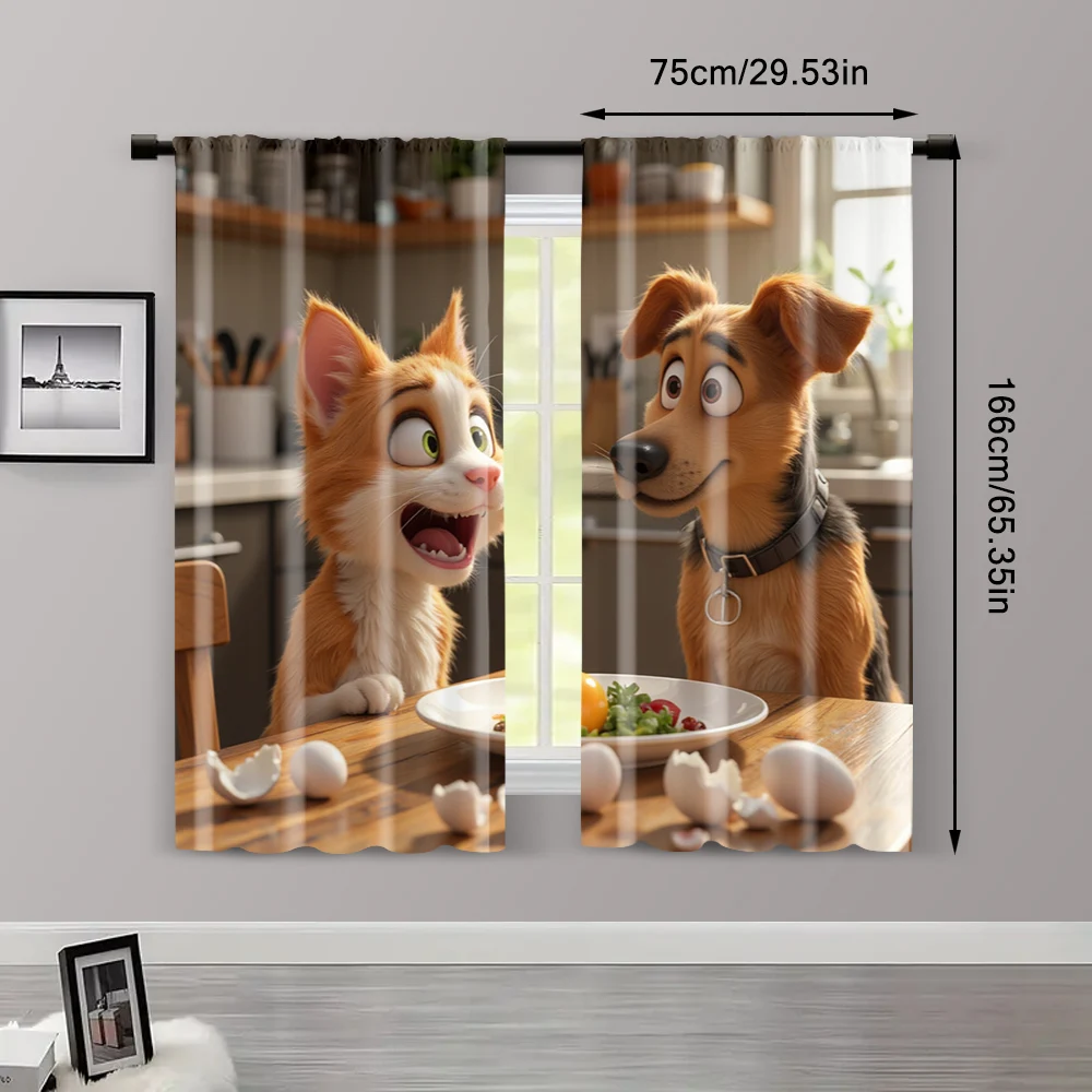 2pcs, Contemporary Curtains 2D print Surprised Dog & Cat with Eggs Machine Washable Polyester (without rod) Home Decor Use for 3