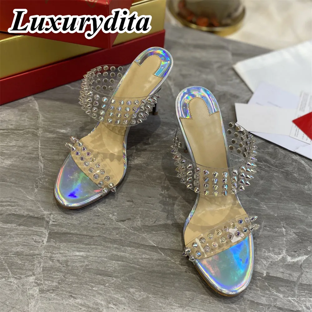 

LUXURYDITA Women rivet Sandal Luxury High Heels Designer Can Customize Red Heel Me Dolly Socialite Dinner Mules shoes H149