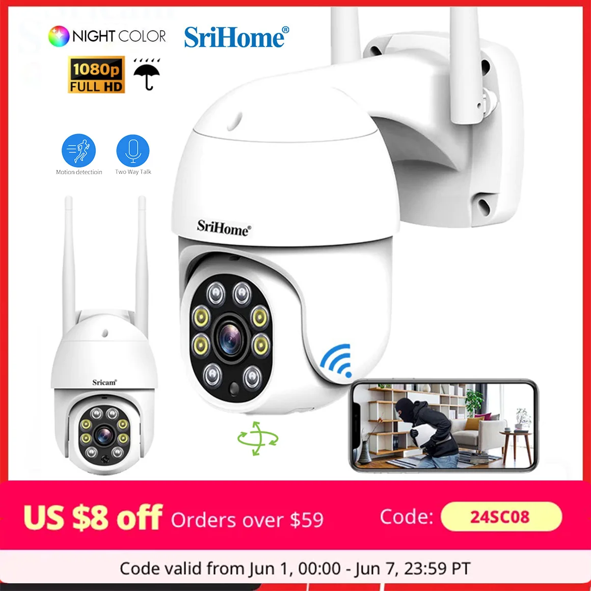 

SriHome SP028 2MP SH052 5MP PTZ WiFi Camera Ai Auto Tracking Outdoor IP Camera 2-Way Audio Color Night Vision CCTV Surveillance