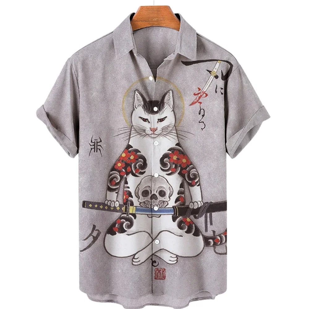 

Men's Hawaiian Shirt Short Sleeve Tops Summer 2024 Male 3D Printing Original Blouses Samurai Cat Anime Patterns Recommend Y2k