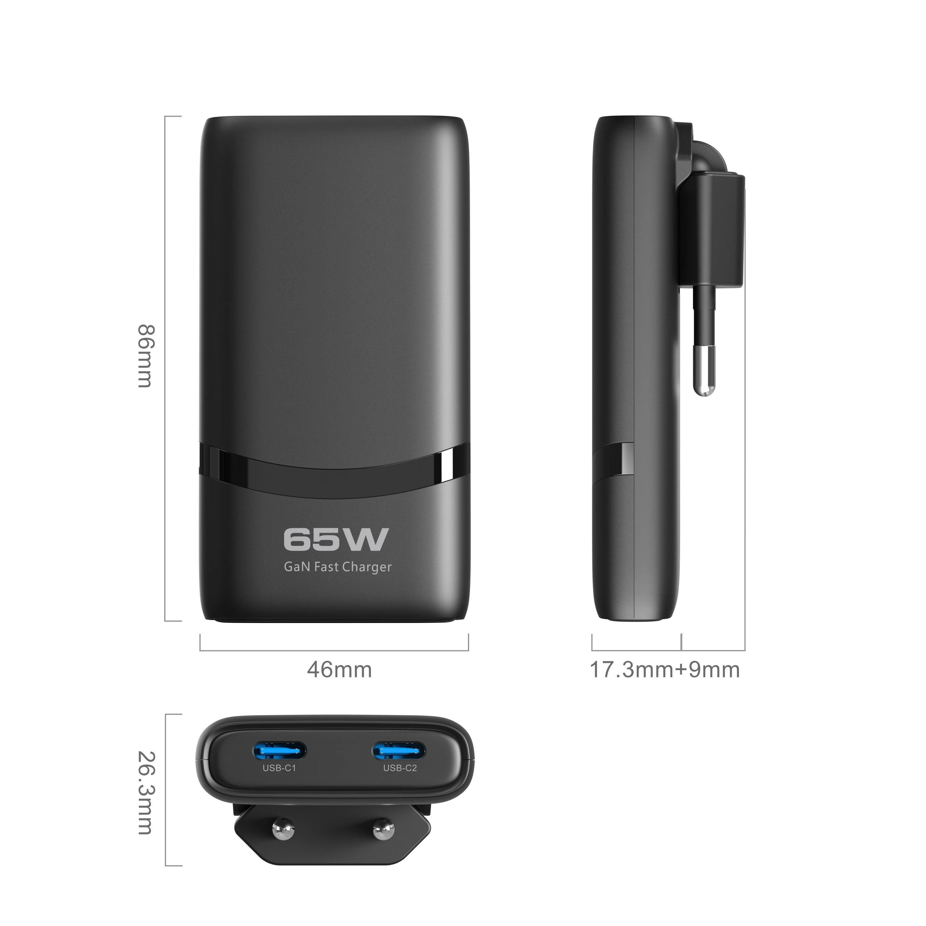 Ultra-Thin 65W GaN Dual-Port USB C Fast Charger with Foldable Plug