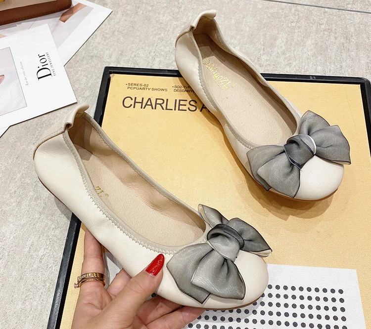 Womens Foldable Soft Round Toe Ballet Flats Butterfly Knot Sweet Comfortable Slip on Flat Ballerinas Shoes Woman PU Leather
