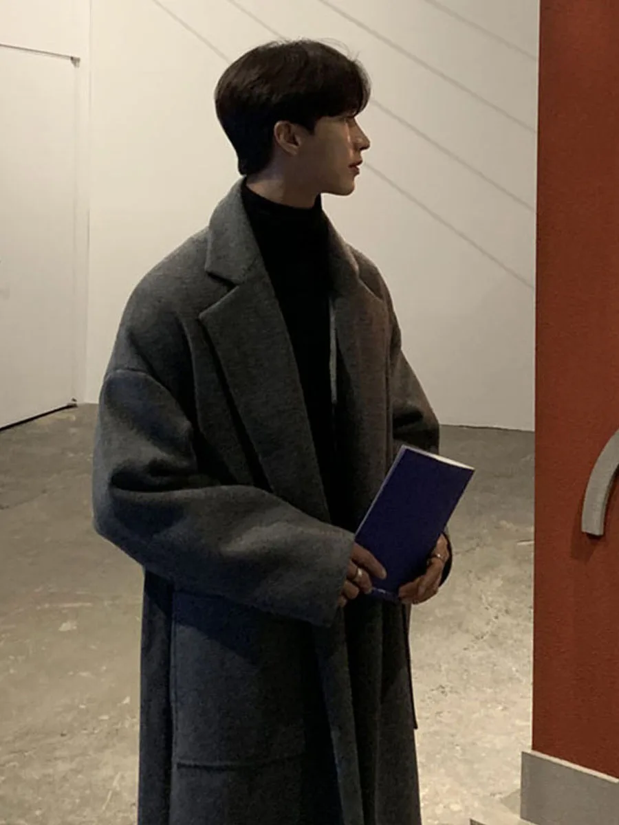 Thiened Double-Faced Camere Men's Coat Winter Faion Outerwear Over-Knee Korean Sle Tweed Windbreaker Long Sve Coat