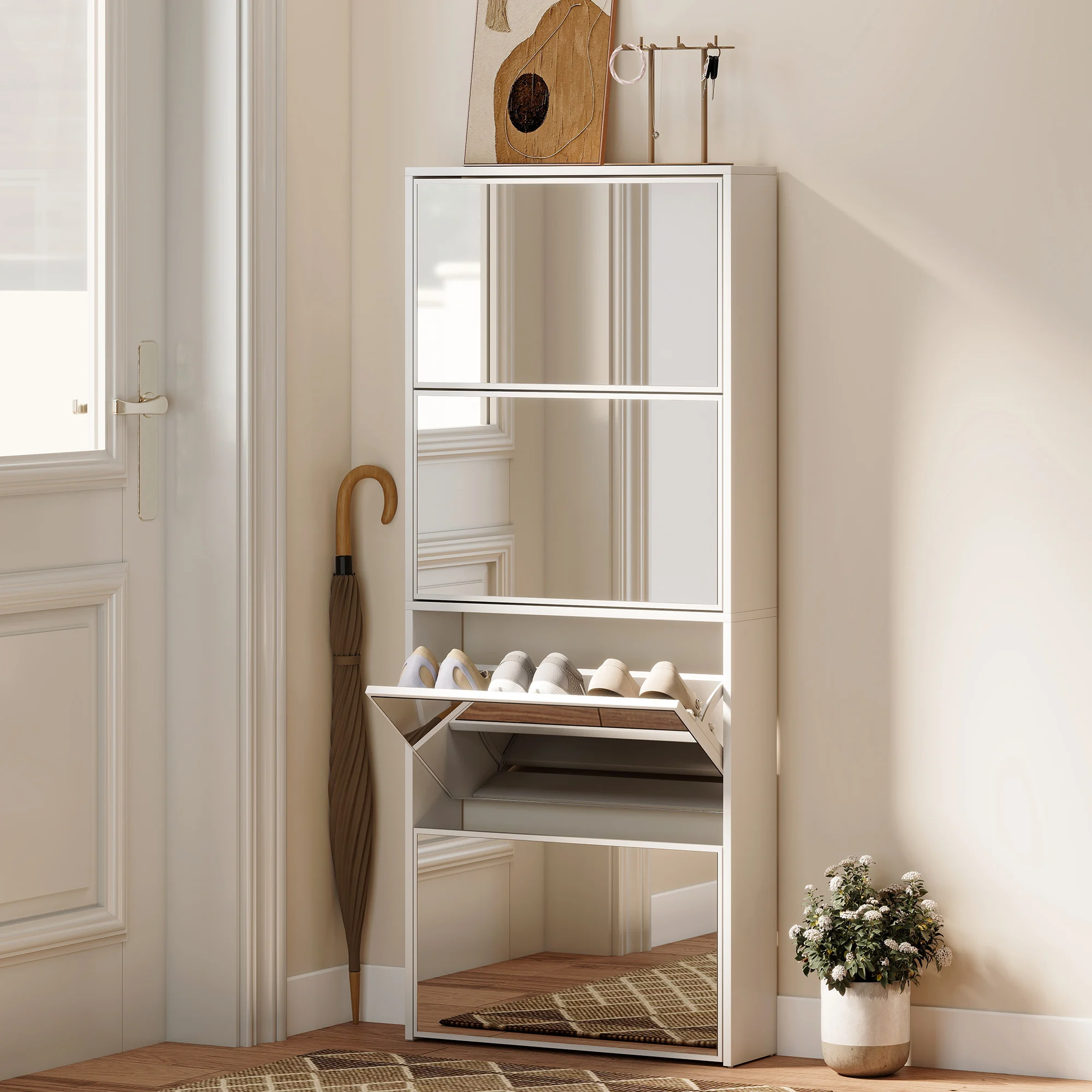 HOMCOM Scarpiera Salvaspazio Slim con 4 Ante a Ribalta a Specchio, Scarpiera Ingresso con Piano Superiore, Porta Scarpe per 12 Paia in Legno con Maniglia, 63x17x146 cm, Bianco