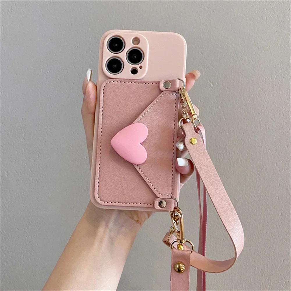 Love-Shaped Cross-Body Strap with Card Holder - Impact-Resistant Phone Case