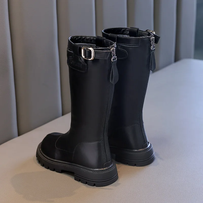 Classic Children's Winter Plush Boots Black Simple Girls Cotton Boots Thick Bottom Round-toe Kids Fashion Leather Boots Non-slip