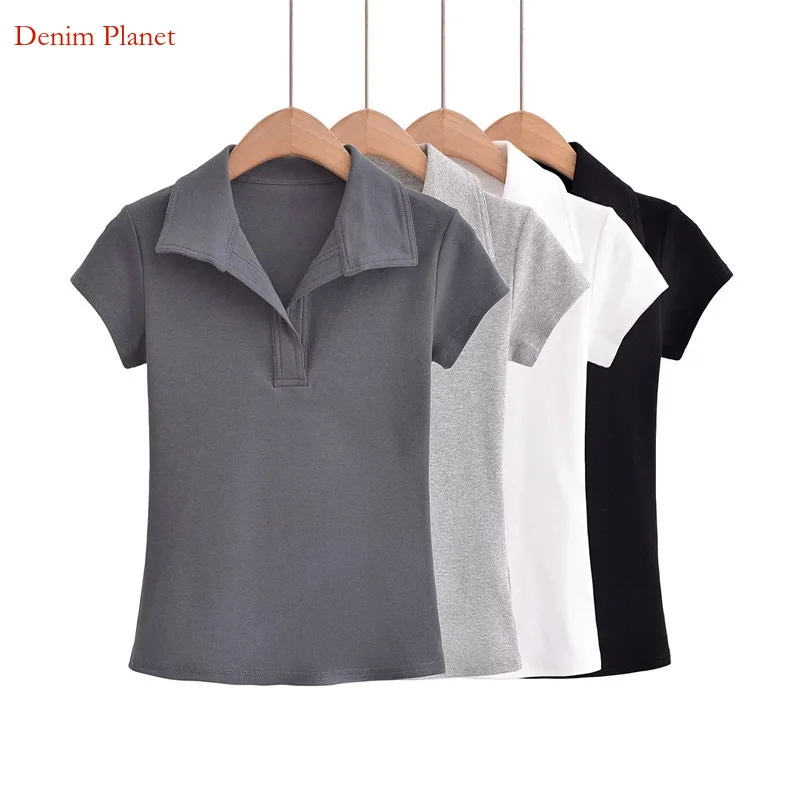 

Women's Daily Casual Simple Solid Color Slim Knit Short-sleeved T-shirt Fashion Everything Temperament Lapel Inside Vest Strap