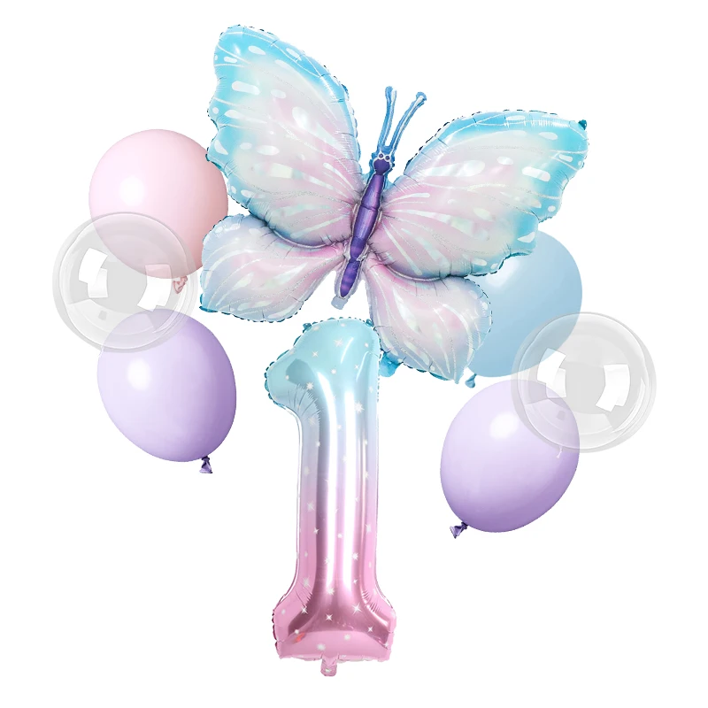 thumbnail image 1 of Decoración para fiesta de cumpleaños con mariposas moradas y rosas, vajilla con temática de mariposas, vasos de papel, platos, globos, suministros para fiestas para niñas, 1 of 5
