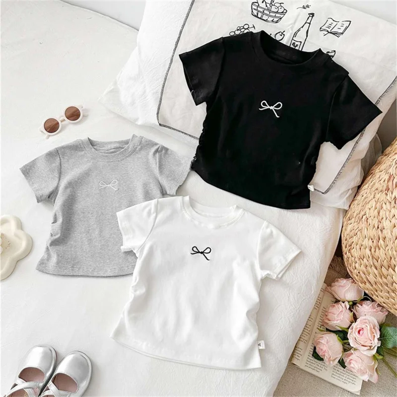 Korean Bowknot T-Shirt for Kids - Casual Cotton Short Sleeve Top 0-12 Years