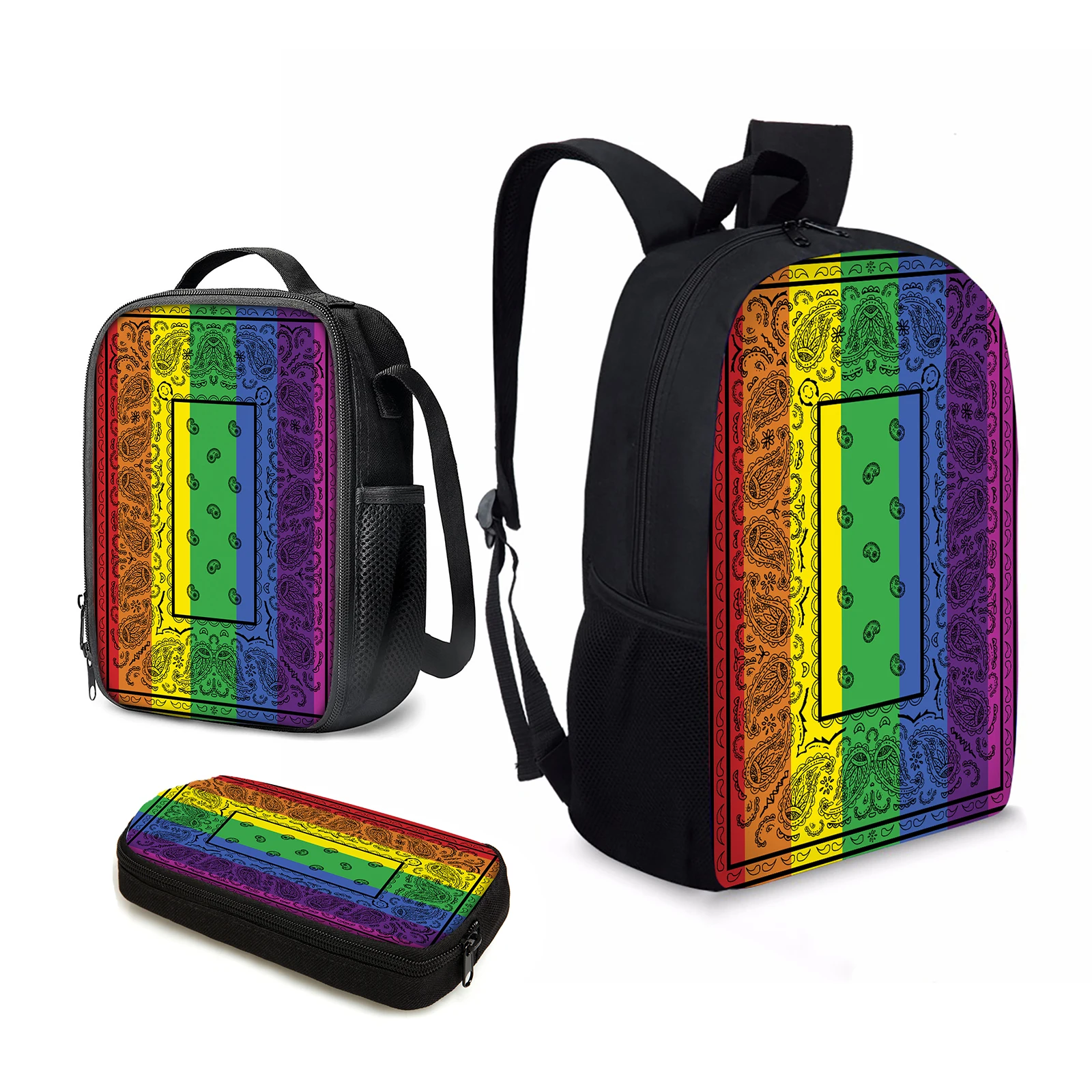 

YIKELUO LGBT/LGBTQ Paisley Cashew Flower Design Fashion Brand Backpack Rainbow Print Insulated Lunch Bag Student Pencil Case