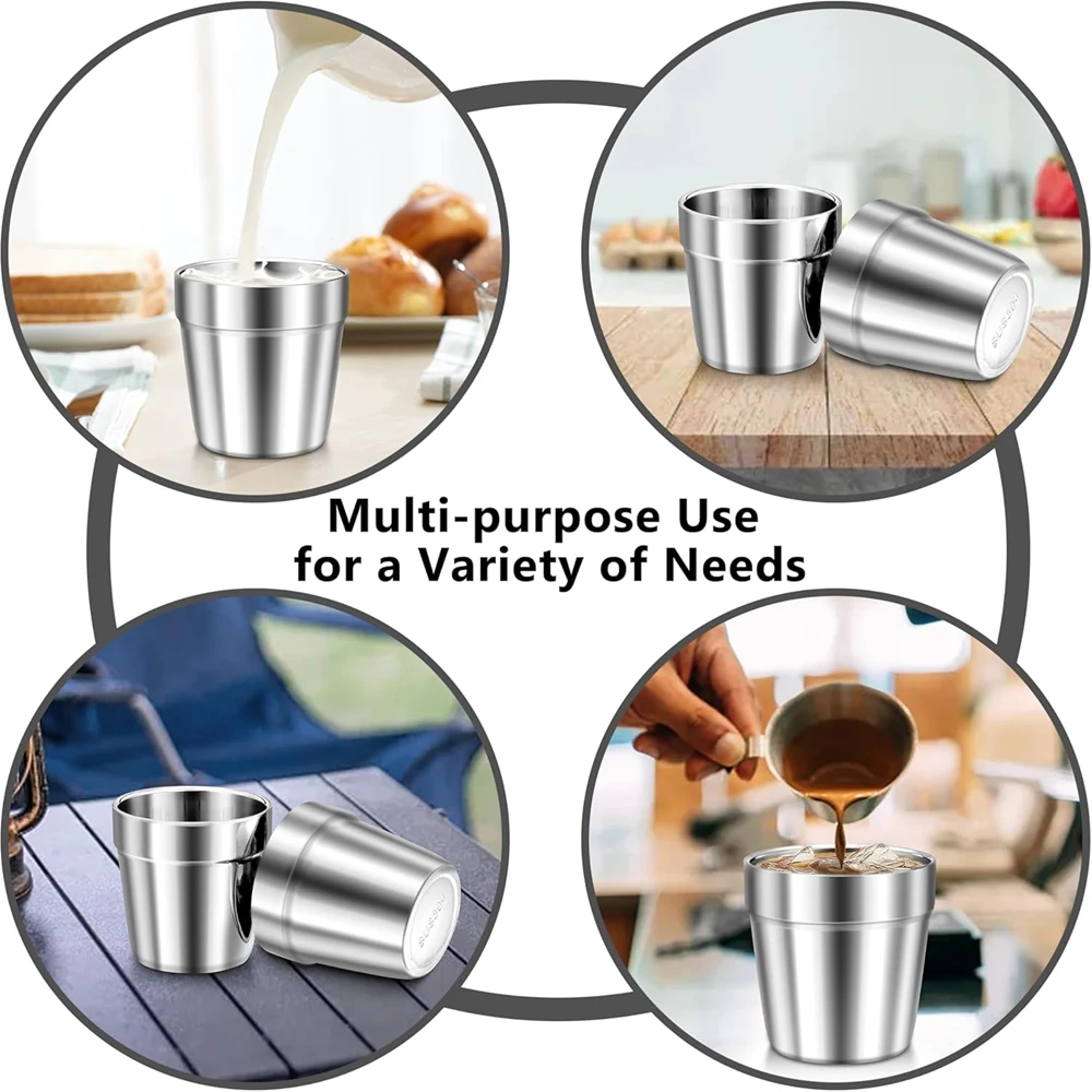 Set of 4 Reusable Double Wall Stainless Steel Cups - 175ml Durable Metal Mugs for Home and Outdoor Adventures