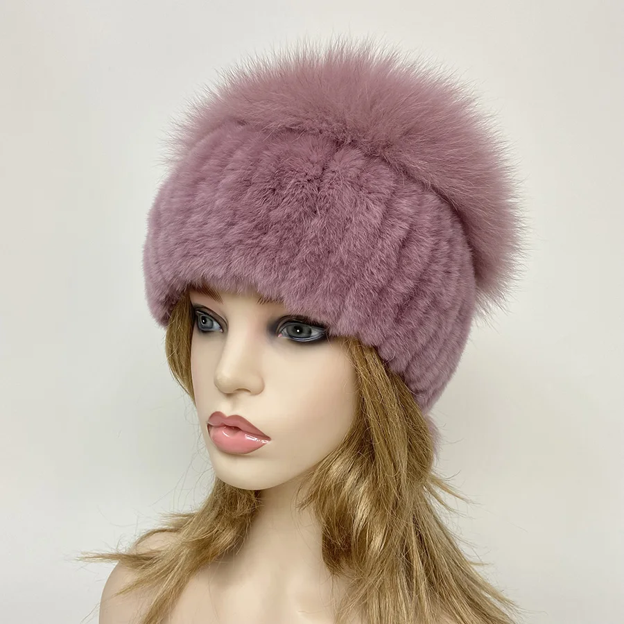 Winter natürliche Kaninchen Pelzmütze russische Frauen Echtpelz Fuchs Pompon gestrickt warme Hüte – Detail 3