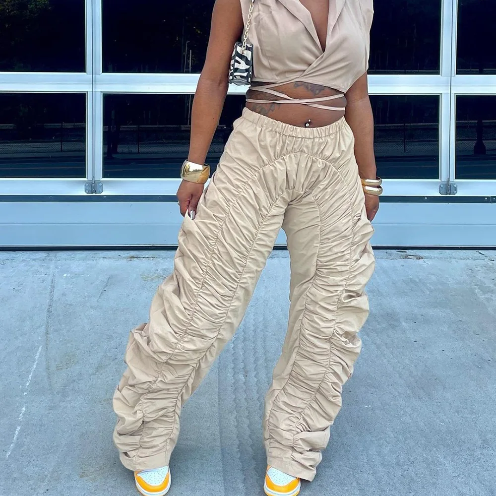 

2023 Summer Solid Color High Waist Pleated Elastic Loose Casual Pants Women Streetwear Fashion All Matching Stacked Cargo Pant