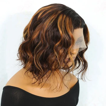 Highlight Wig Human Hair Body Wave Bob Wig Brown Honey Blonde P3/33 Color Brazilian Hair Pre Plucked T Part Lace Wigs For Women - Image 4